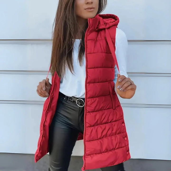 Damen Puffer Weste mit Kapuze Ärmellose Lange Steppweste - Rot