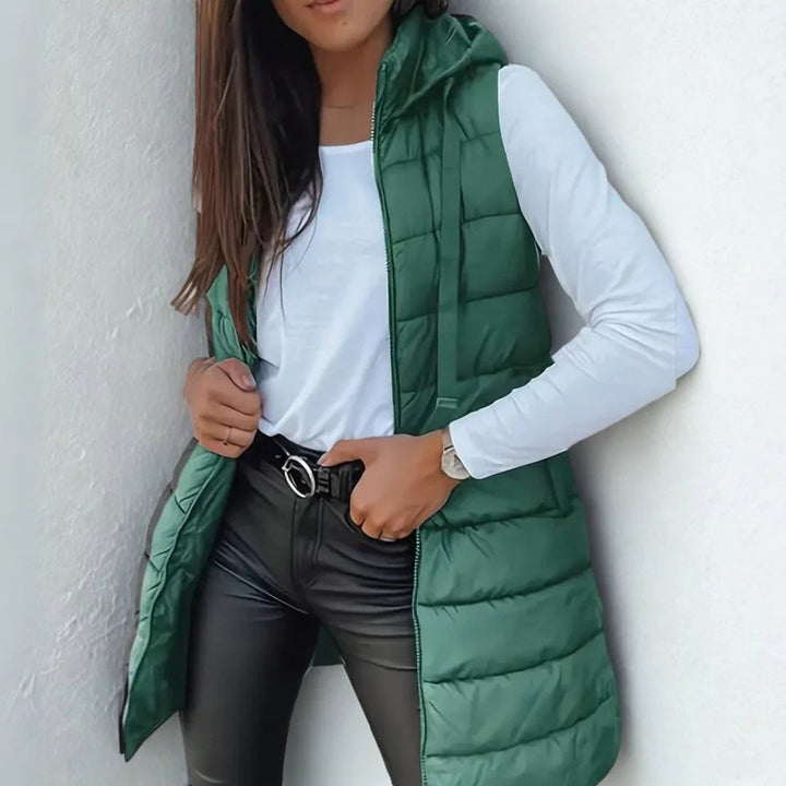 Damen Puffer Weste mit Kapuze Ärmellose Lange Steppweste - Grün