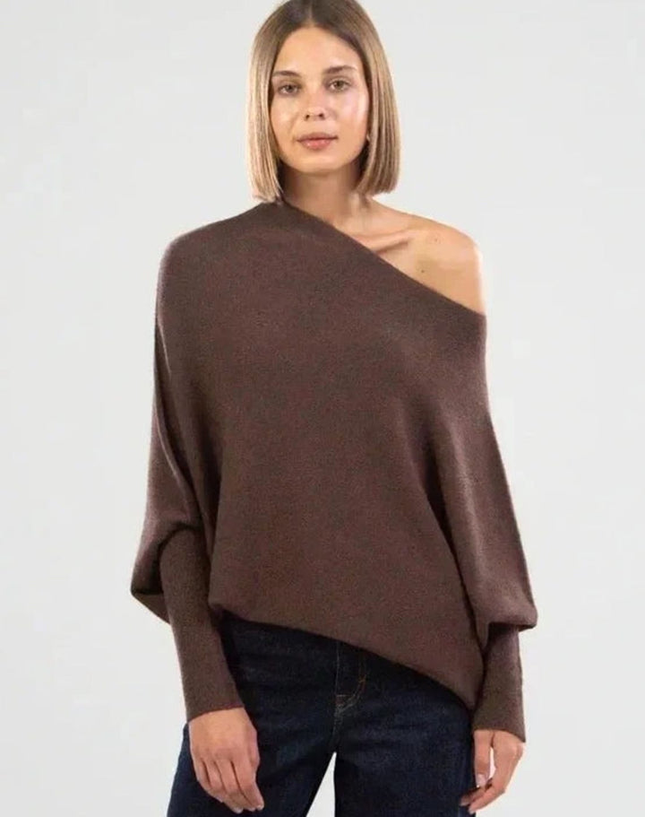Damen Pullover mit asymmetrischem Drapierdesign weich locker - Braun