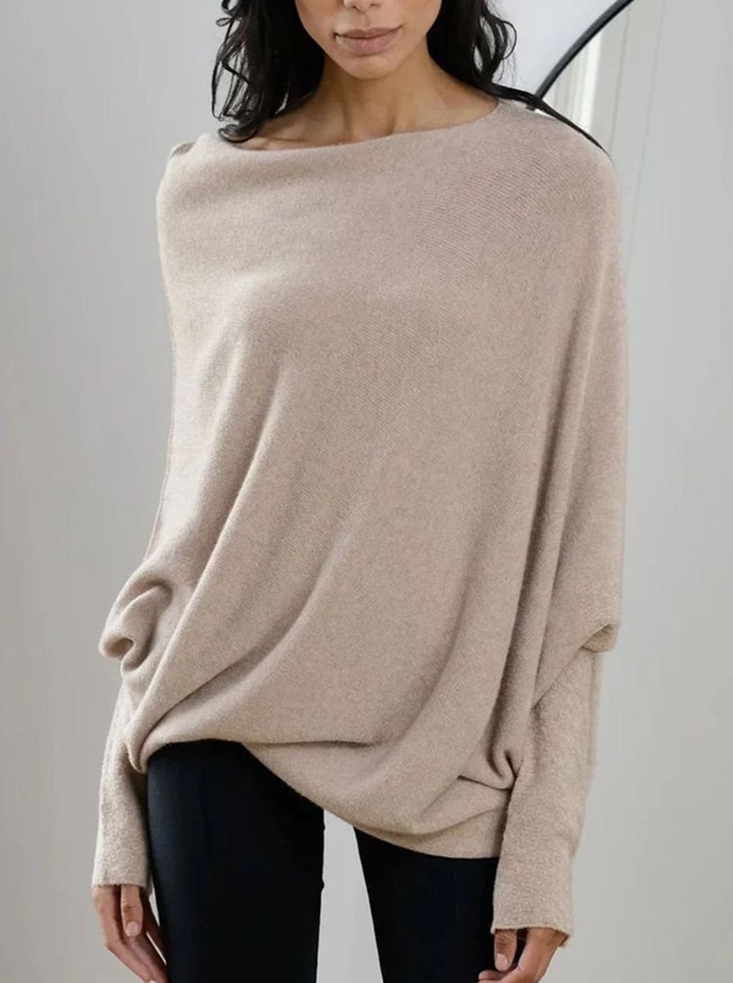 Damen Pullover mit asymmetrischem Drapierdesign weich locker - Hellbraun