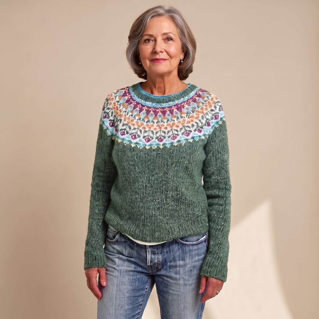 Damen Pullover mit isländischem Blumenmuster Rundausschnitt