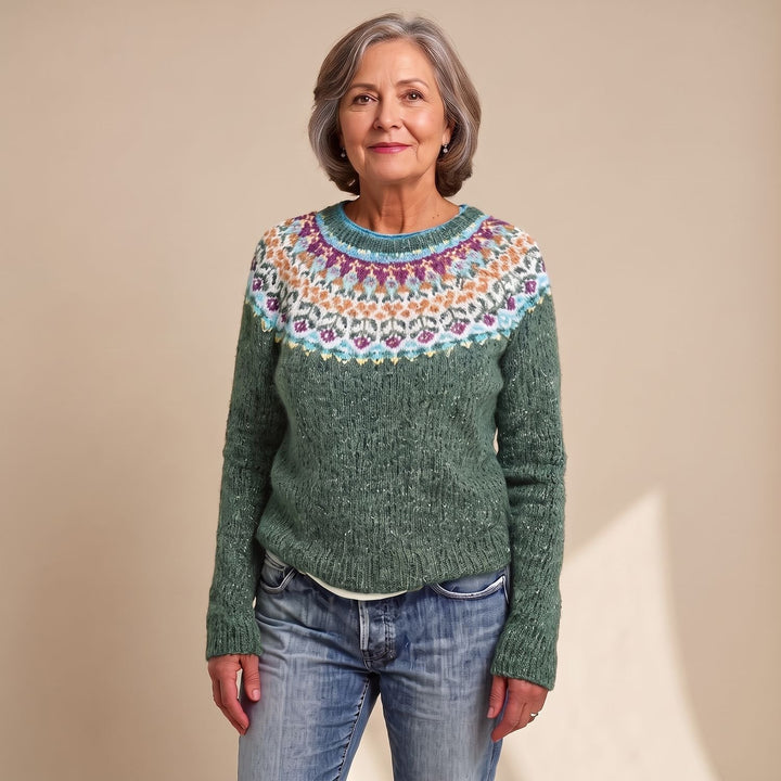 Damen Pullover mit isländischem Blumenmuster Rundausschnitt