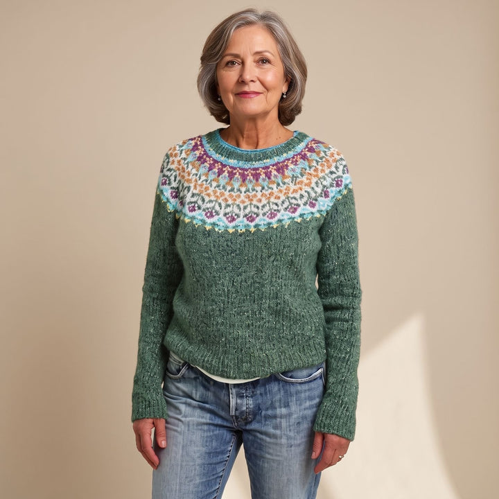 Damen Pullover mit isländischem Blumenmuster Rundausschnitt