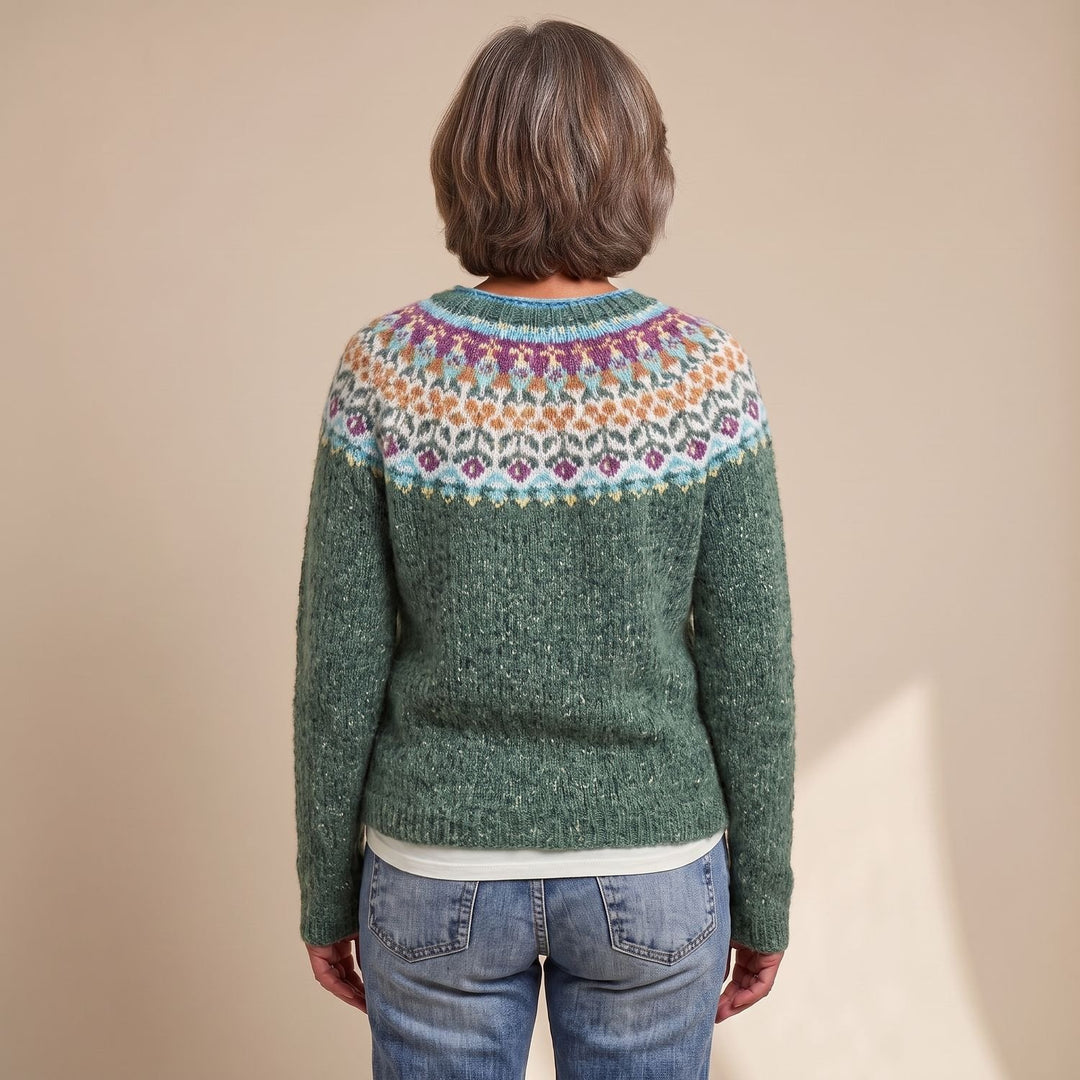 Damen Pullover mit isländischem Blumenmuster Rundausschnitt