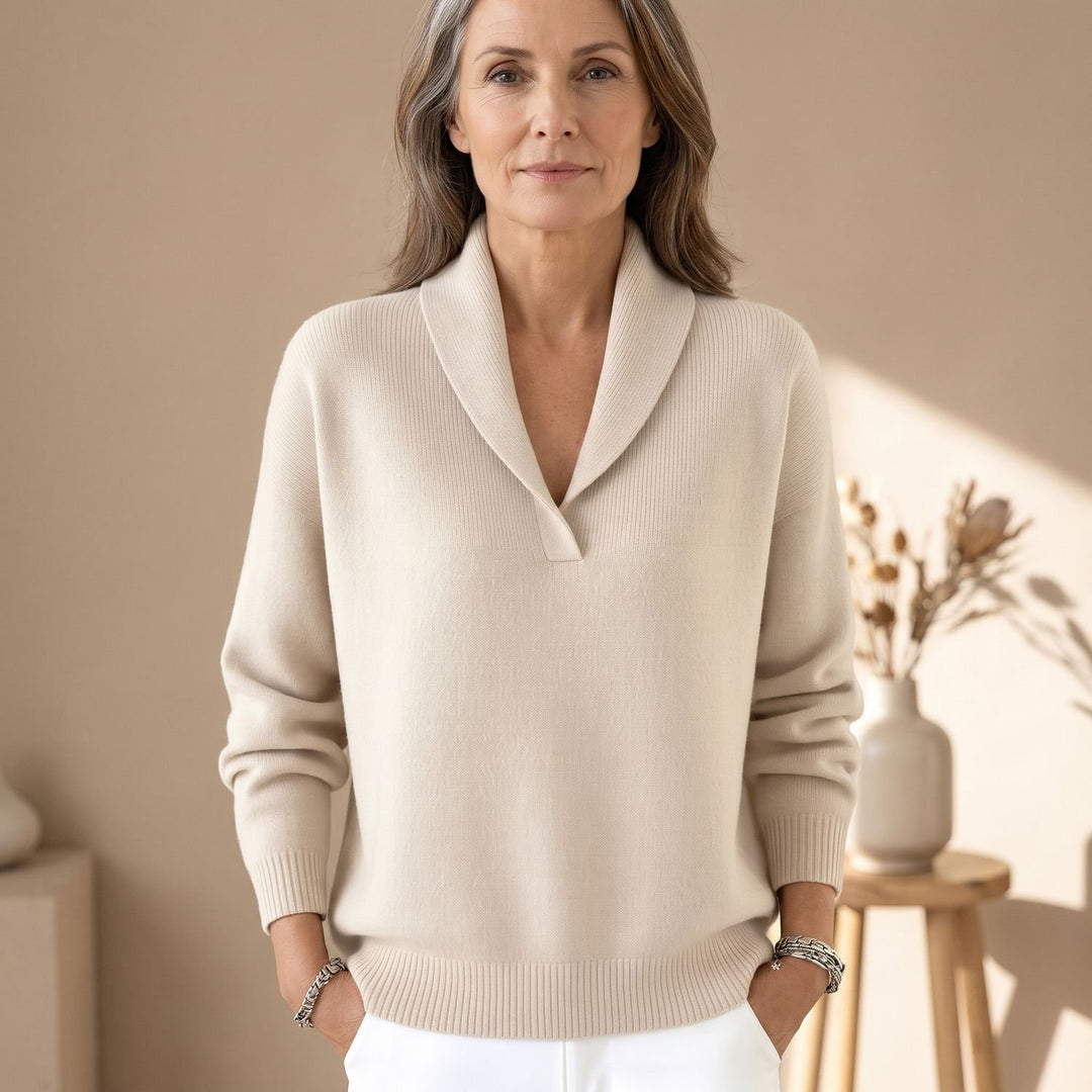 Damen Pullover mit Schalkragen V-Ausschnitt Relaxed-Fit Strickpullover - Creme