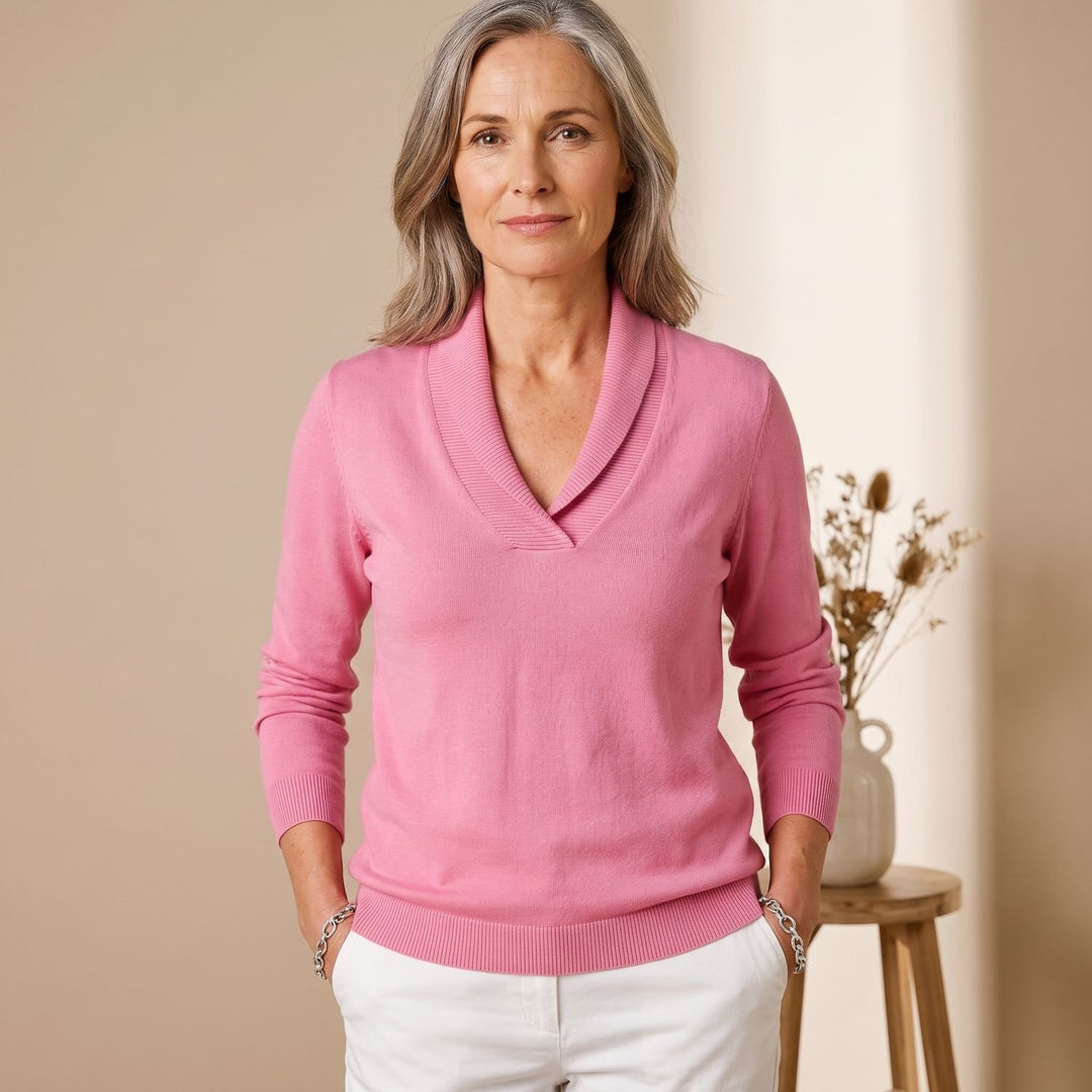 Damen Pullover mit Schalkragen V-Ausschnitt Relaxed-Fit Strickpullover - Rosa