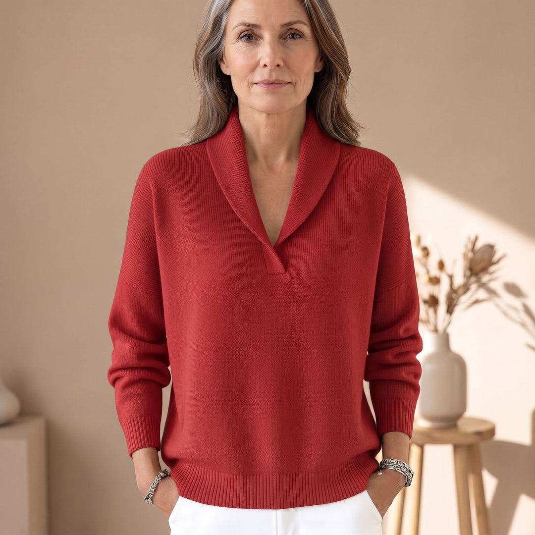 Damen Pullover mit Schalkragen V-Ausschnitt Relaxed-Fit Strickpullover - Rot
