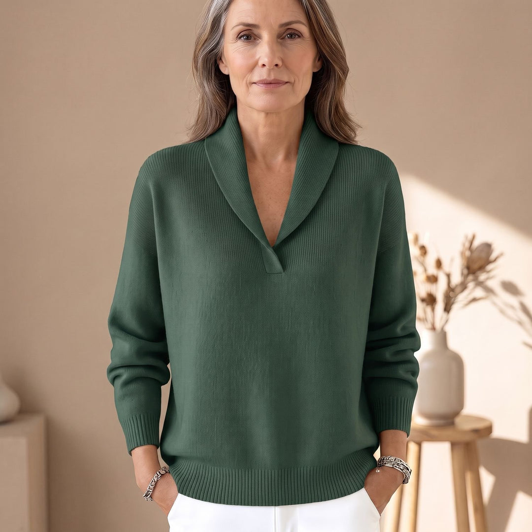 Damen Pullover mit Schalkragen V-Ausschnitt Relaxed-Fit Strickpullover - Grün