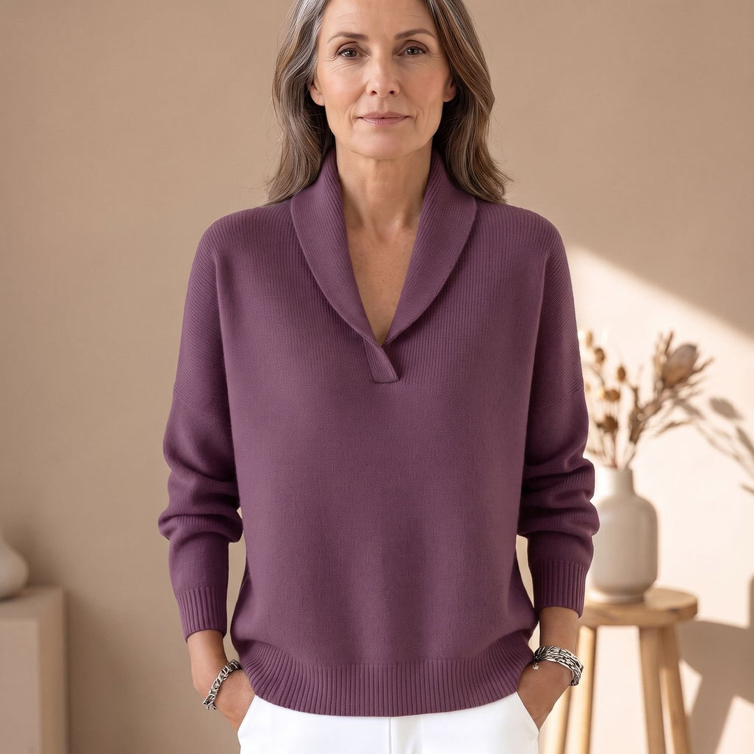 Damen Pullover mit Schalkragen V-Ausschnitt Relaxed-Fit Strickpullover - Lila