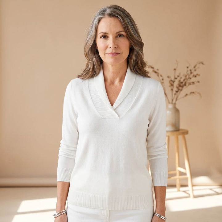 Damen Pullover mit Schalkragen V-Ausschnitt Relaxed-Fit Strickpullover - Weiß