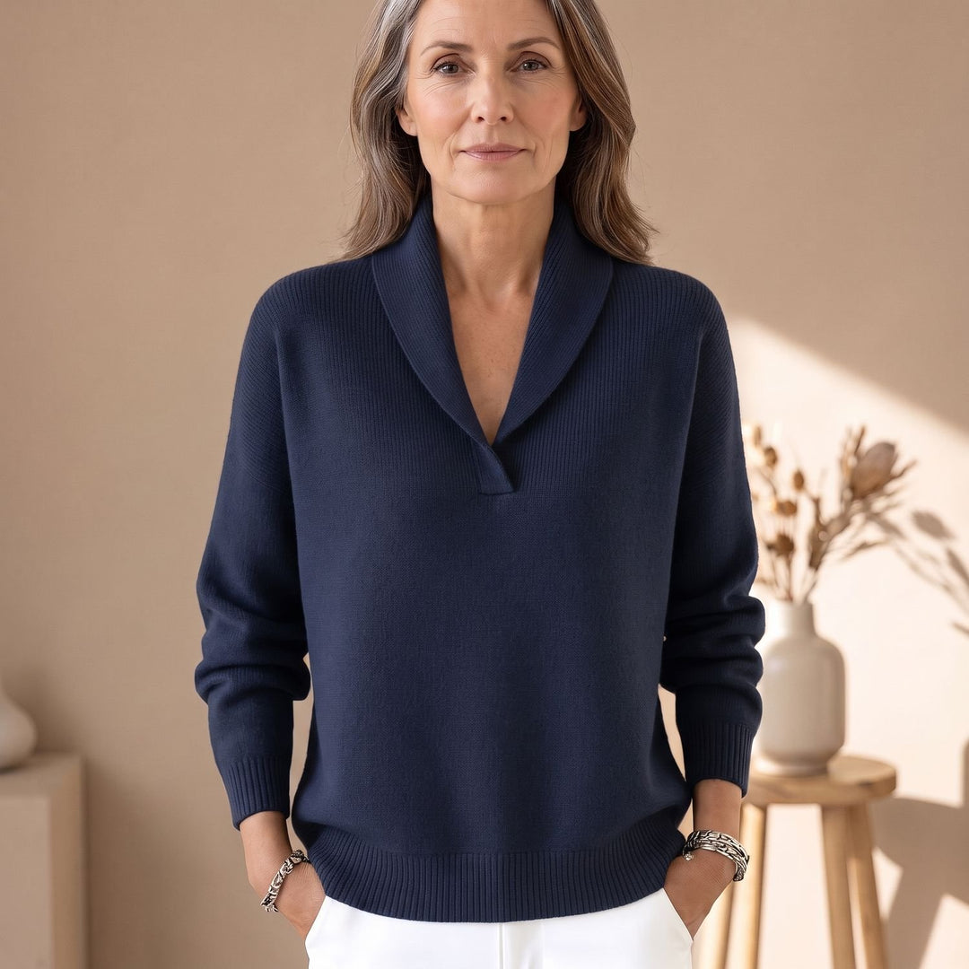 Damen Pullover mit Schalkragen V-Ausschnitt Relaxed-Fit Strickpullover - Blau
