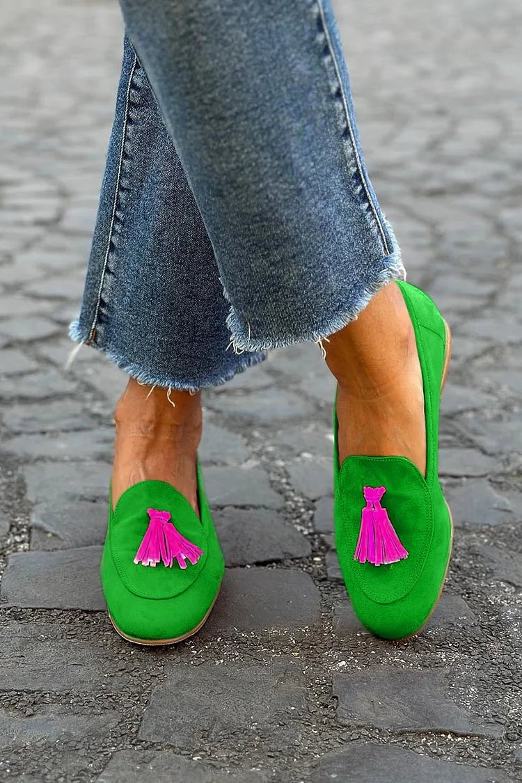 Damen Quasten-Loafer flache Wildleder-Slipper mit Taschendetail - Green