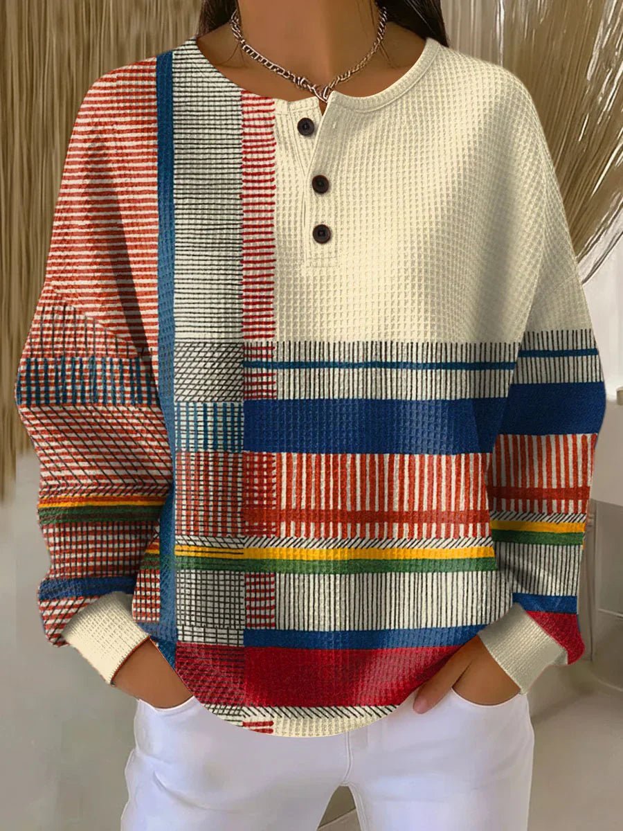Damen Relaxed-Fit Colourblock Waffelstrick Henley Pullover - Multicolored