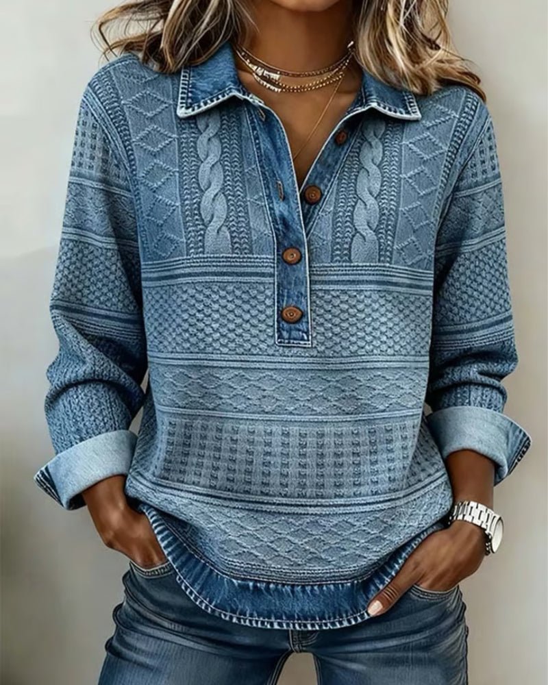 Damen Relaxed-Fit Halbknopf-Sweatshirt mit Denim-Kragen - Blue