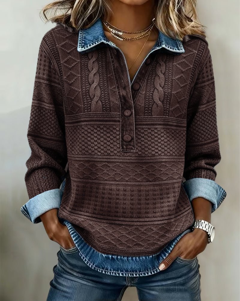 Damen Relaxed-Fit Halbknopf-Sweatshirt mit Denim-Kragen - Coffee