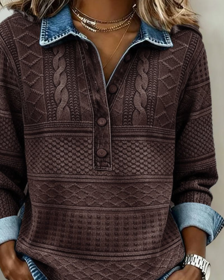 Damen Relaxed-Fit Halbknopf-Sweatshirt mit Denim-Kragen