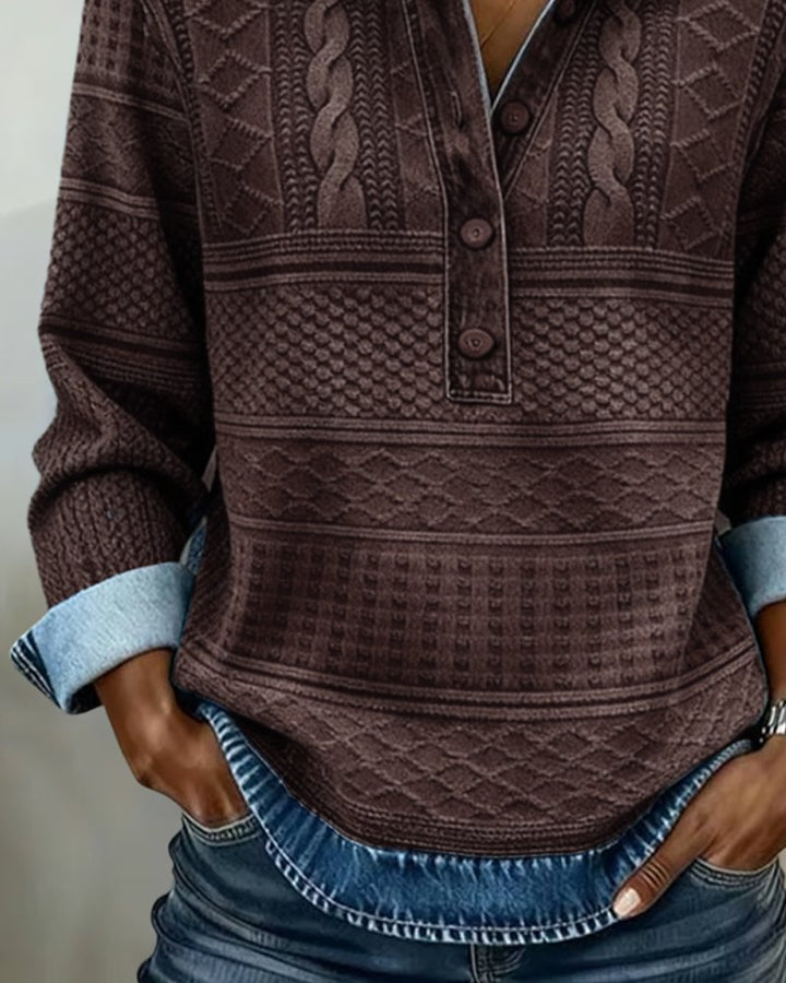Damen Relaxed-Fit Halbknopf-Sweatshirt mit Denim-Kragen