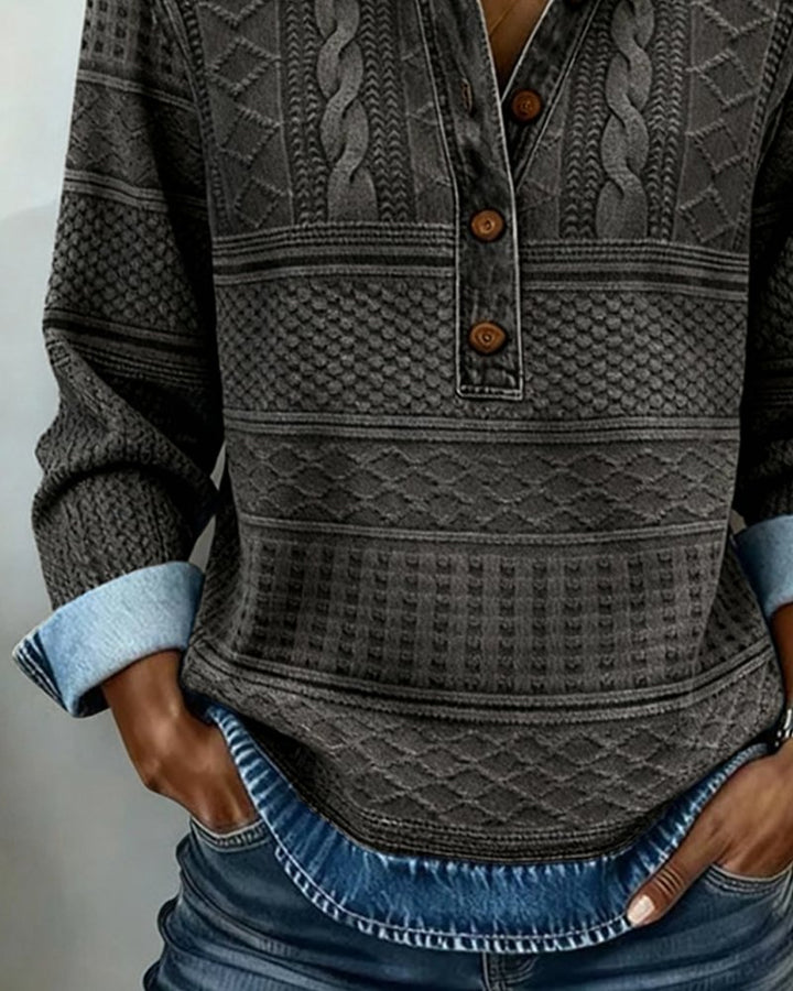 Damen Relaxed-Fit Halbknopf-Sweatshirt mit Denim-Kragen