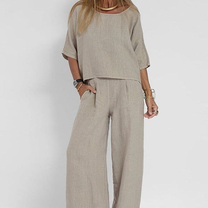 Damen Relaxed-Fit Leinen-Bluse Hose Set elegant bequem - Light Gray