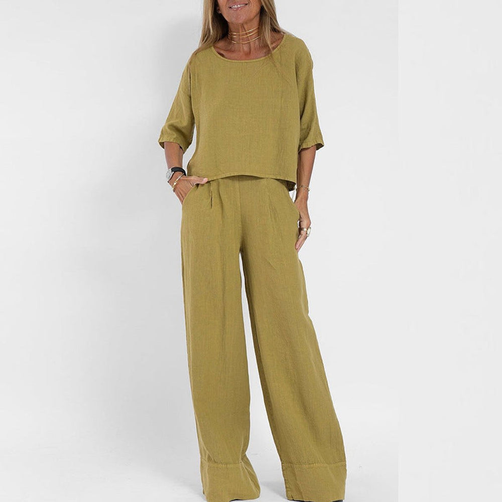 Damen Relaxed-Fit Leinen-Bluse Hose Set elegant bequem - Yellow