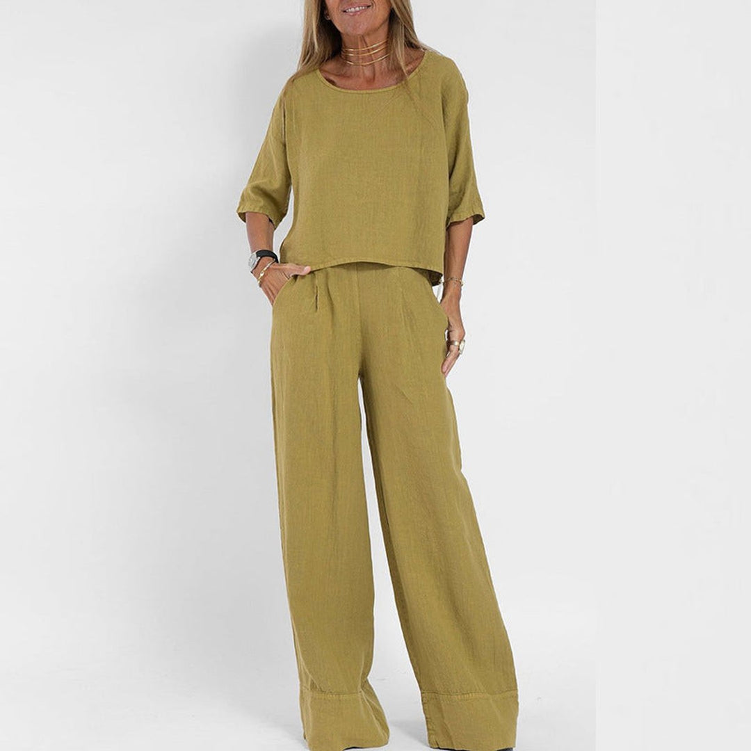 Damen Relaxed-Fit Leinen-Bluse Hose Set elegant bequem - Yellow