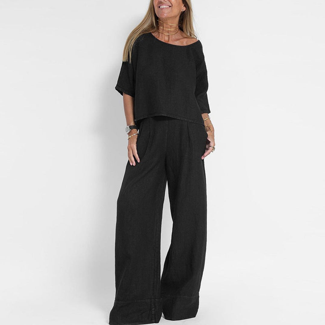 Damen Relaxed-Fit Leinen-Bluse Hose Set elegant bequem - Black