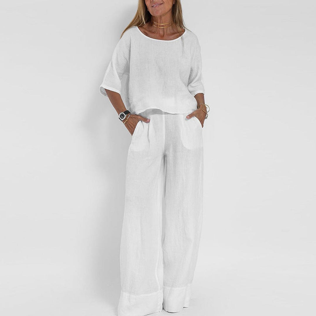 Damen Relaxed-Fit Leinen-Bluse Hose Set elegant bequem - White