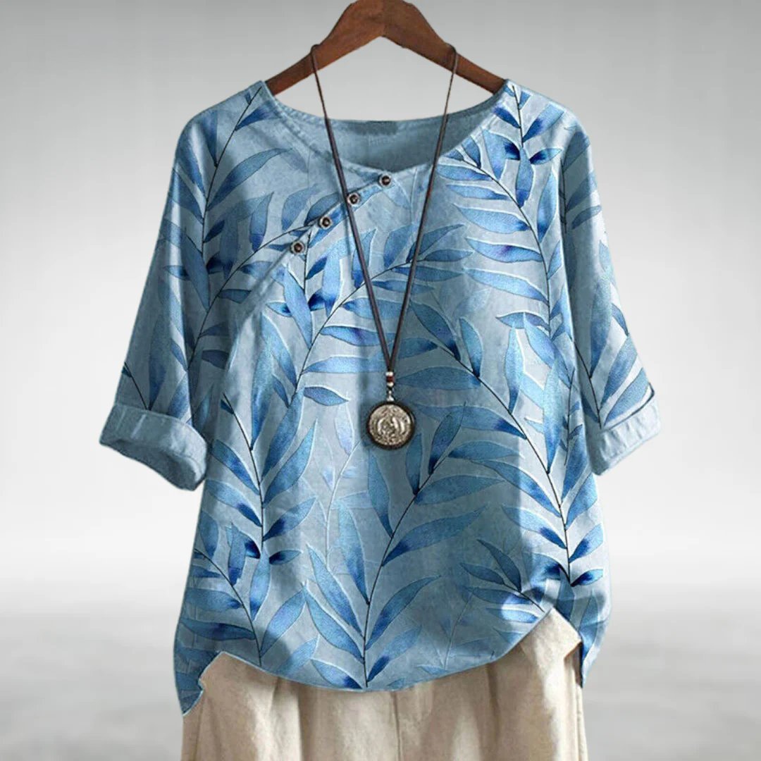 Damen Relaxed-Fit Leinen-Bluse mit Blätterprint und Rundhalsausschnitt - Blue
