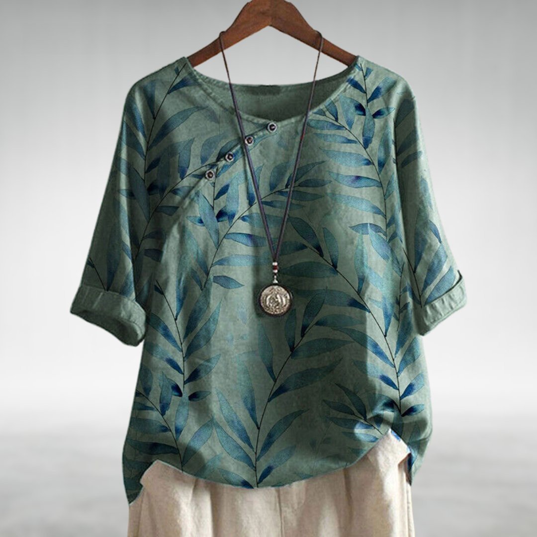 Damen Relaxed-Fit Leinen-Bluse mit Blätterprint und Rundhalsausschnitt - Green