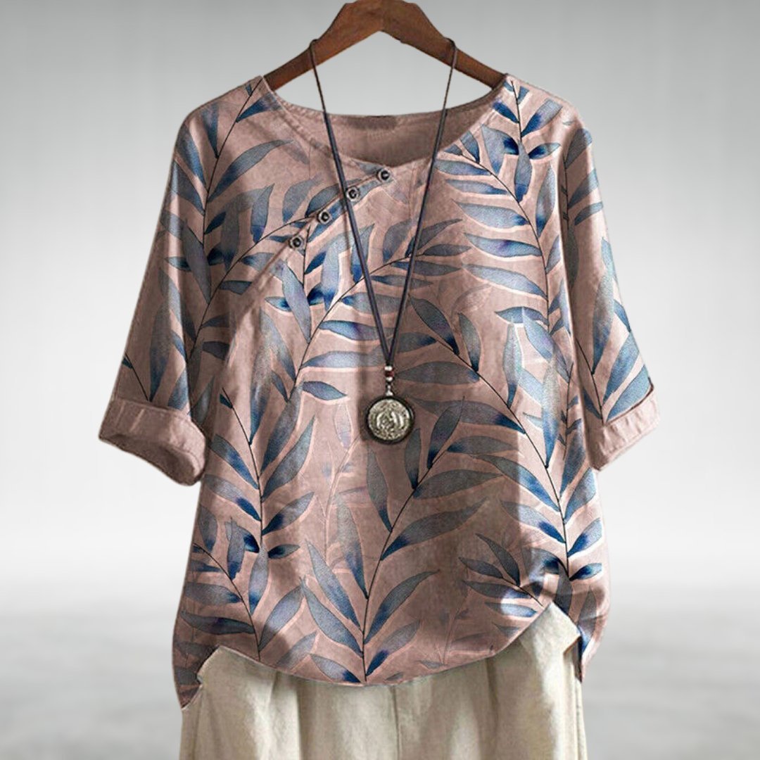 Damen Relaxed-Fit Leinen-Bluse mit Blätterprint und Rundhalsausschnitt - Pink