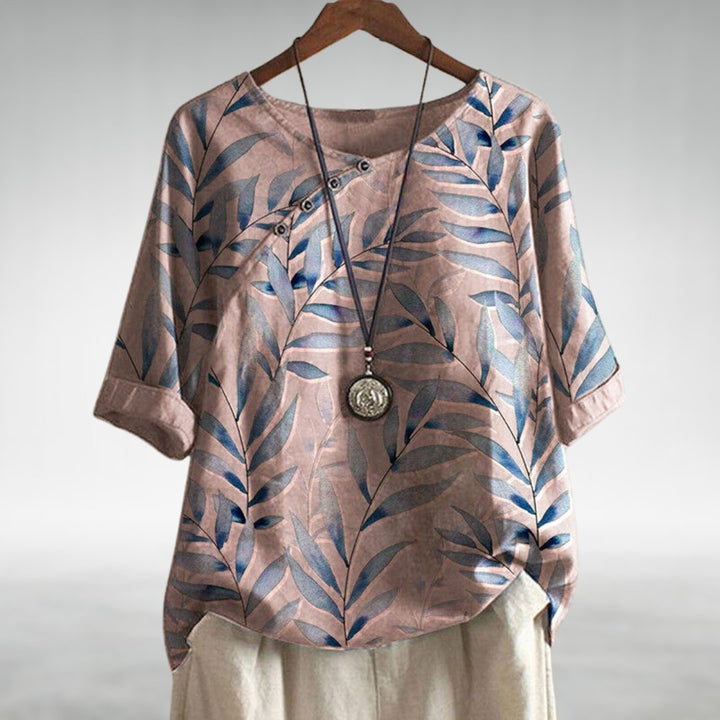 Damen Relaxed-Fit Leinen-Bluse mit Blätterprint und Rundhalsausschnitt - Pink