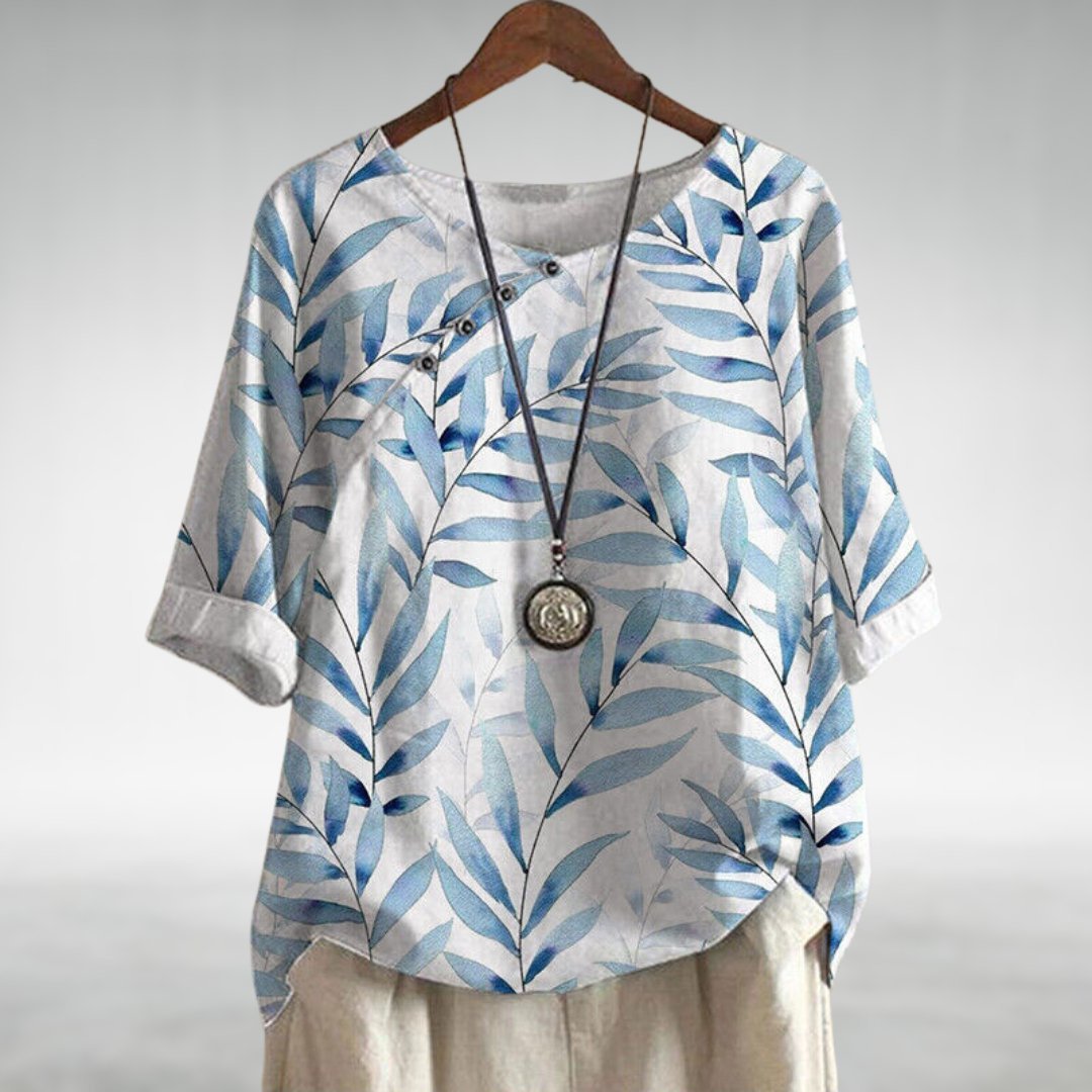 Damen Relaxed-Fit Leinen-Bluse mit Blätterprint und Rundhalsausschnitt - White