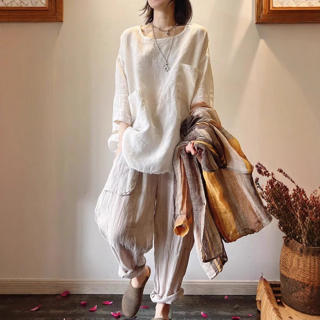 Damen Relaxed-Fit Leinen Tunika mit aufgesetzten Taschen