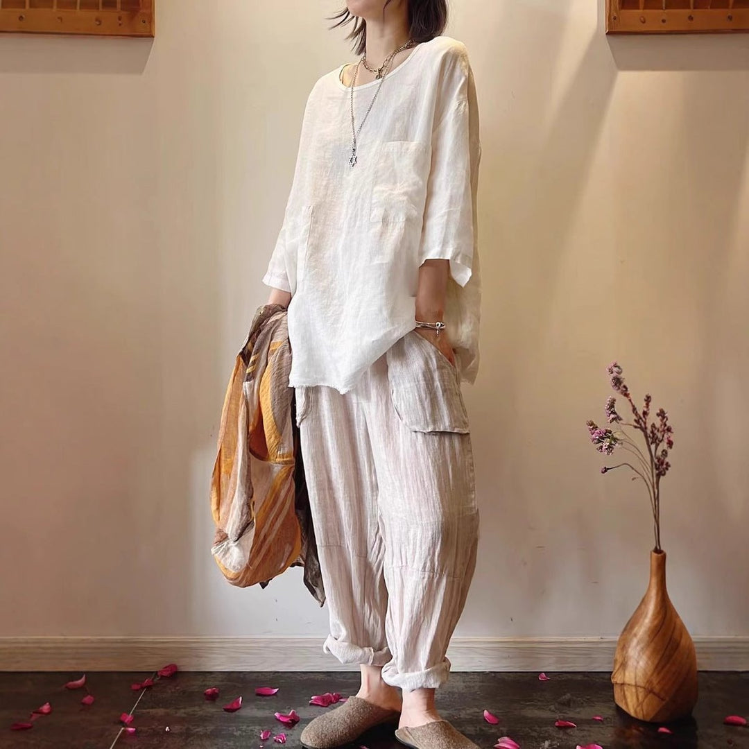 Damen Relaxed-Fit Leinen Tunika mit aufgesetzten Taschen