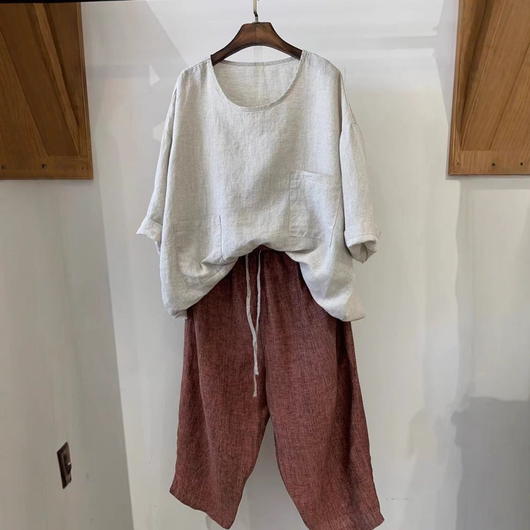 Damen Relaxed-Fit Leinen Tunika mit aufgesetzten Taschen
