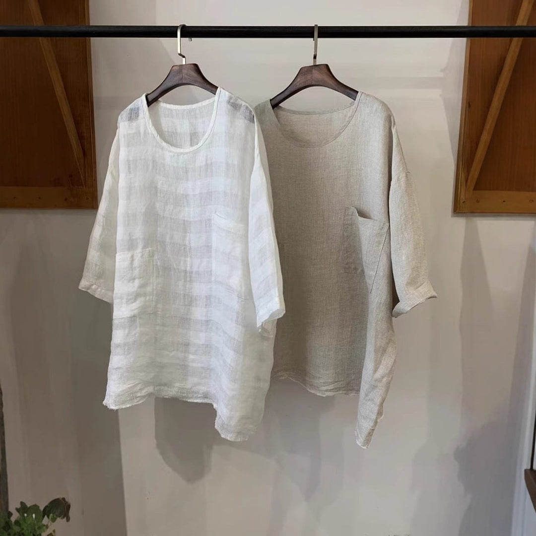 Damen Relaxed-Fit Leinen Tunika mit aufgesetzten Taschen