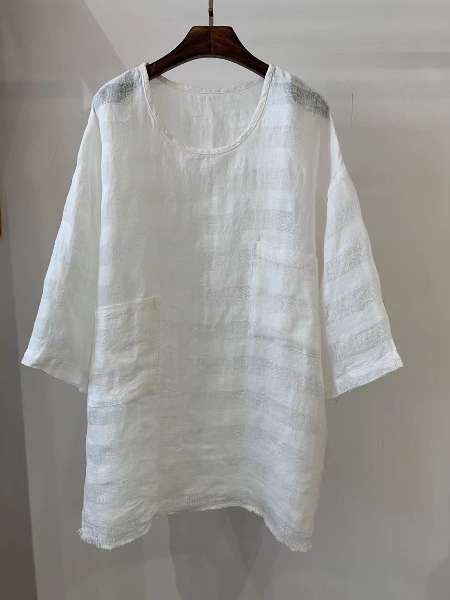 Damen Relaxed-Fit Leinen Tunika mit aufgesetzten Taschen - 1
