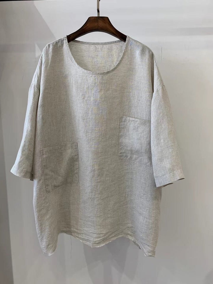 Damen Relaxed-Fit Leinen Tunika mit aufgesetzten Taschen - 2