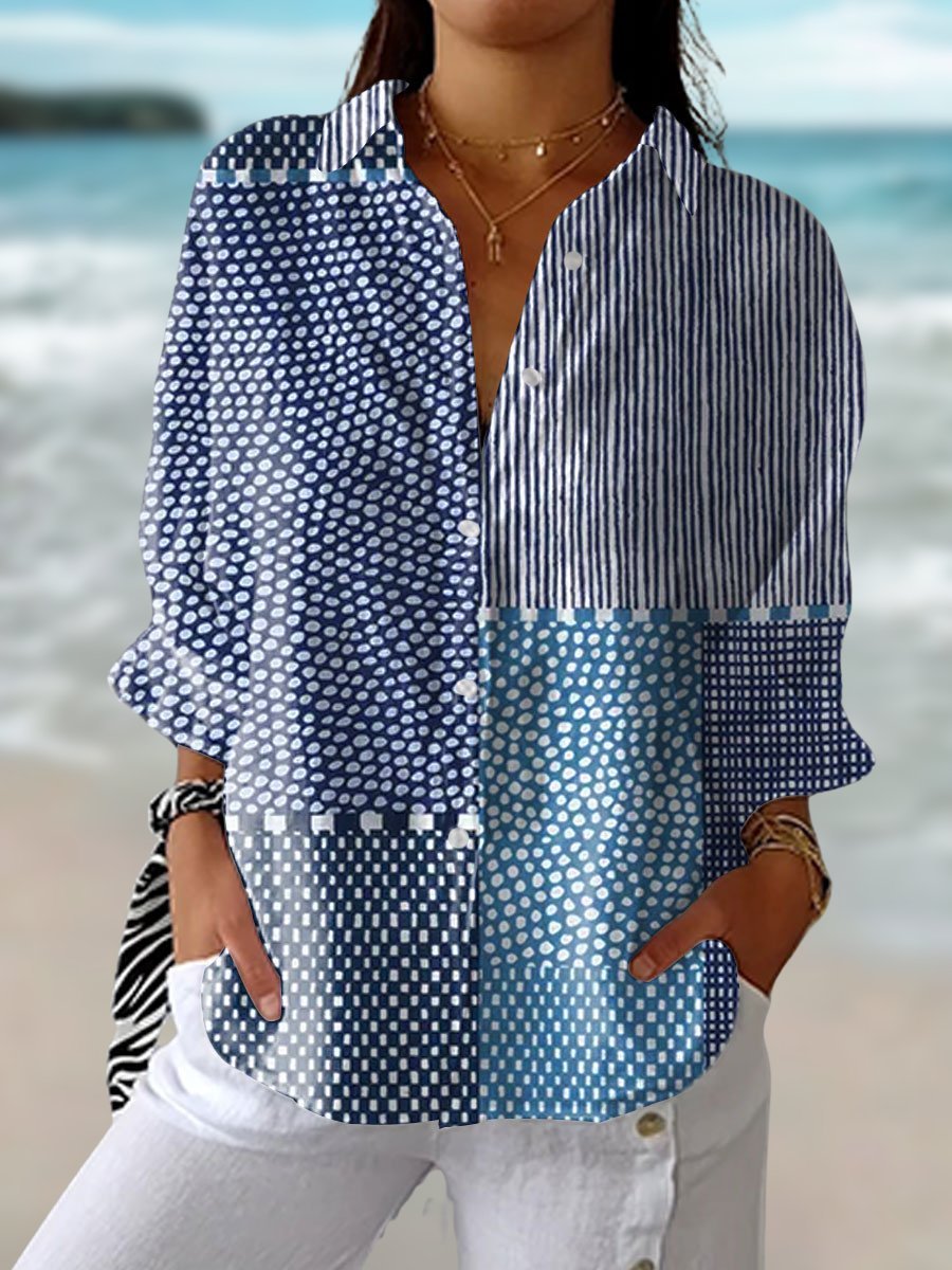 Damen Relaxed-Fit Patchwork-Langarmbluse mit Knopfleiste - Multicolour