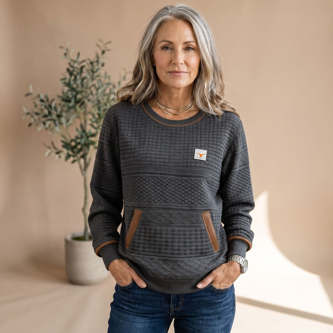Damen Relaxed-Fit Pullover mit Känguru-Tasche und Waffelstruktur - Anthrazitgrau