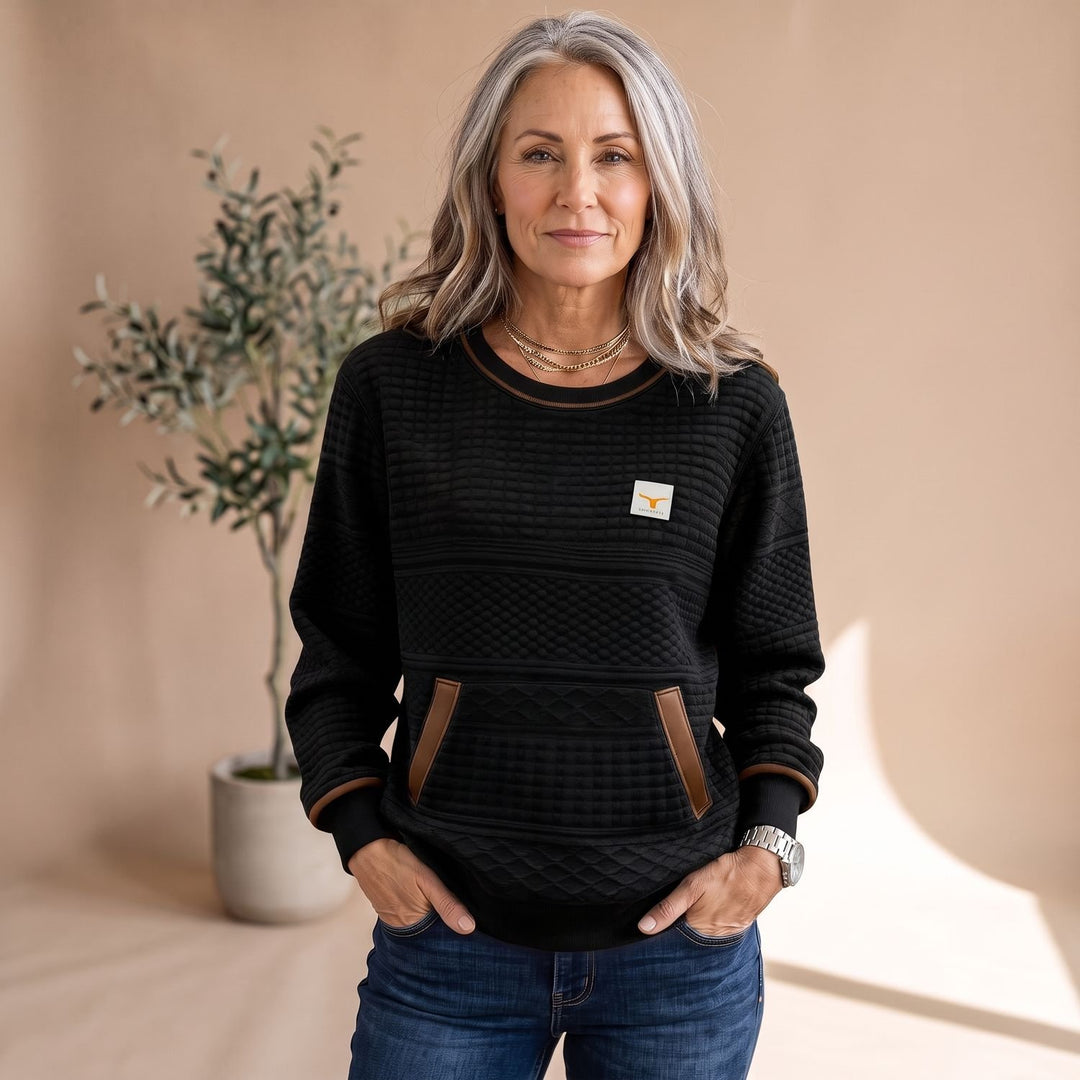 Damen Relaxed-Fit Pullover mit Känguru-Tasche und Waffelstruktur - Klassisch Schwarz
