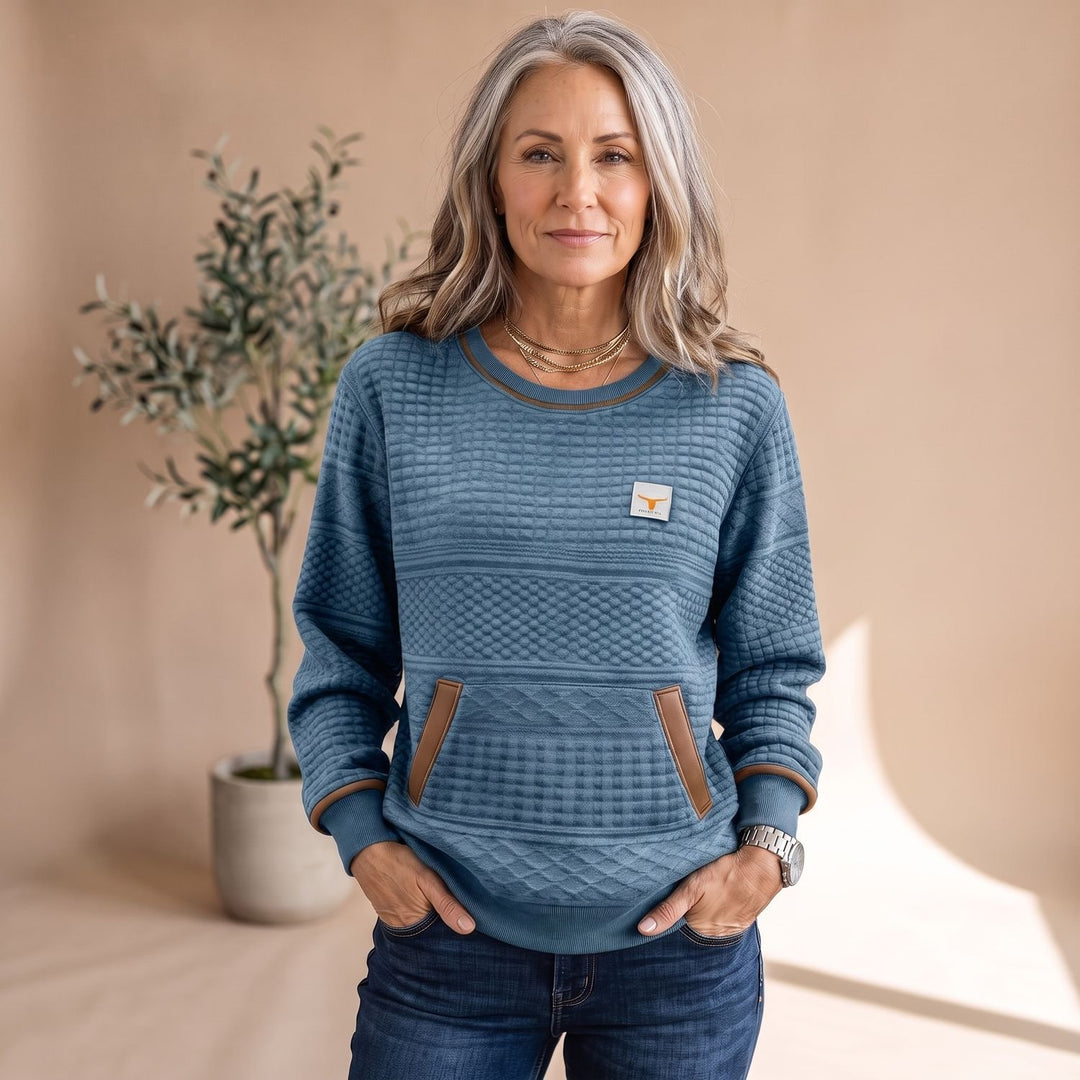 Damen Relaxed-Fit Pullover mit Känguru-Tasche und Waffelstruktur - Staubiges Blau