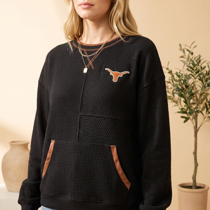 Damen Relaxed-Fit Pullover mit Känguru-Tasche und Waffelstruktur