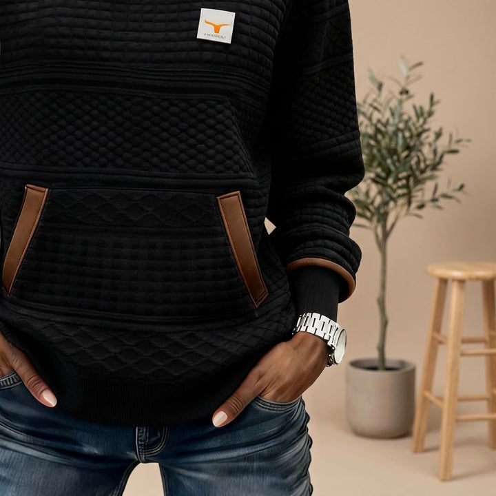 Damen Relaxed-Fit Pullover mit Känguru-Tasche und Waffelstruktur