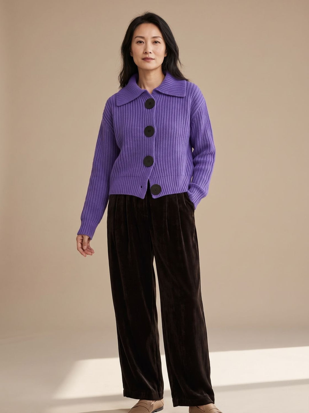 Damen Relaxed-Fit Rippenstrick-Pullover mit Umlegekragen - Lila