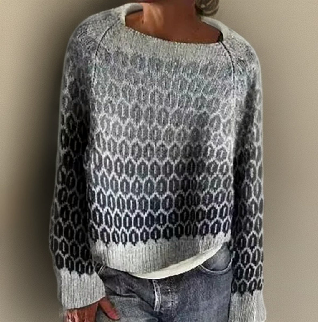 Damen Relaxed-Fit Rundhals Knit Sweater Isländisches Strickmuster - Grau