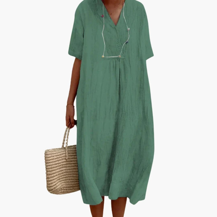 Damen Relaxed-Fit V-Ausschnitt Linnen Midi-Kleid - Light Green