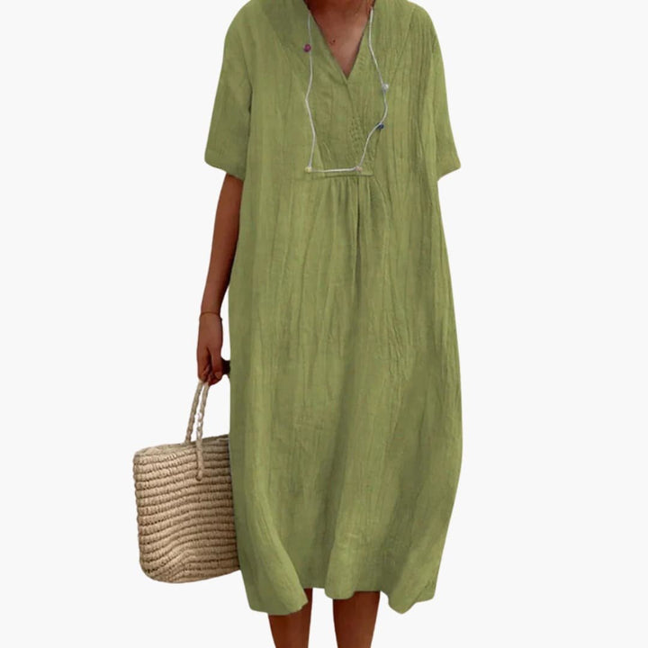 Damen Relaxed-Fit V-Ausschnitt Linnen Midi-Kleid - Green