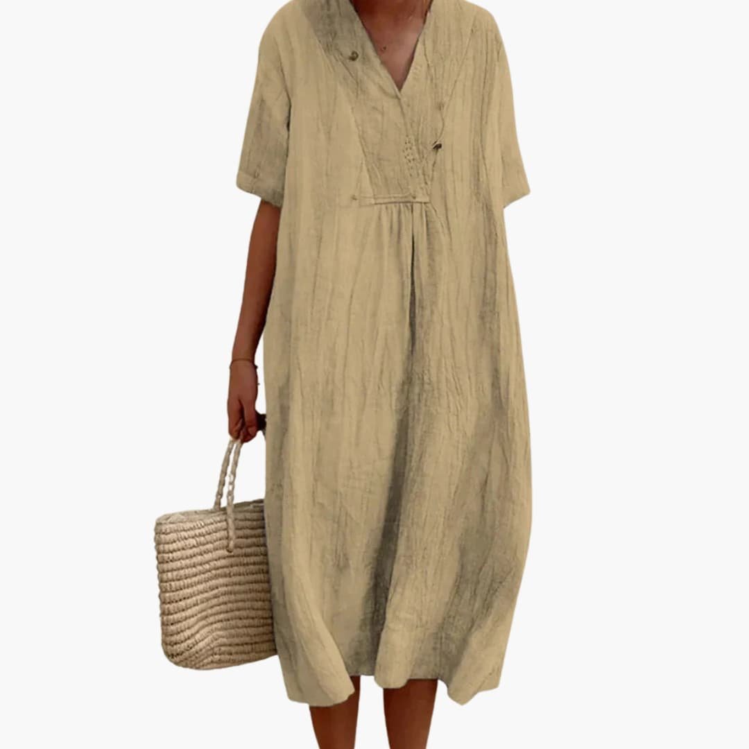 Damen Relaxed-Fit V-Ausschnitt Linnen Midi-Kleid - Khaki