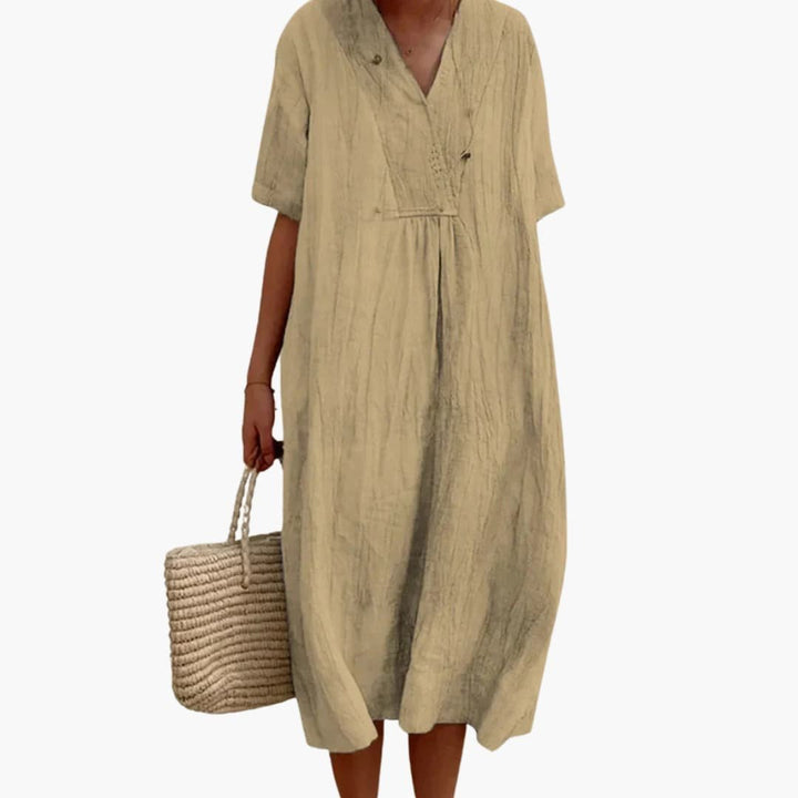 Damen Relaxed-Fit V-Ausschnitt Linnen Midi-Kleid - Khaki
